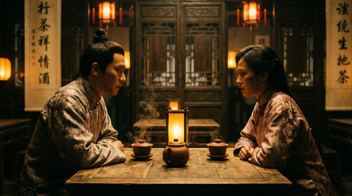 玩物社区古装剧情片拍摄剧照-茶馆对话场景